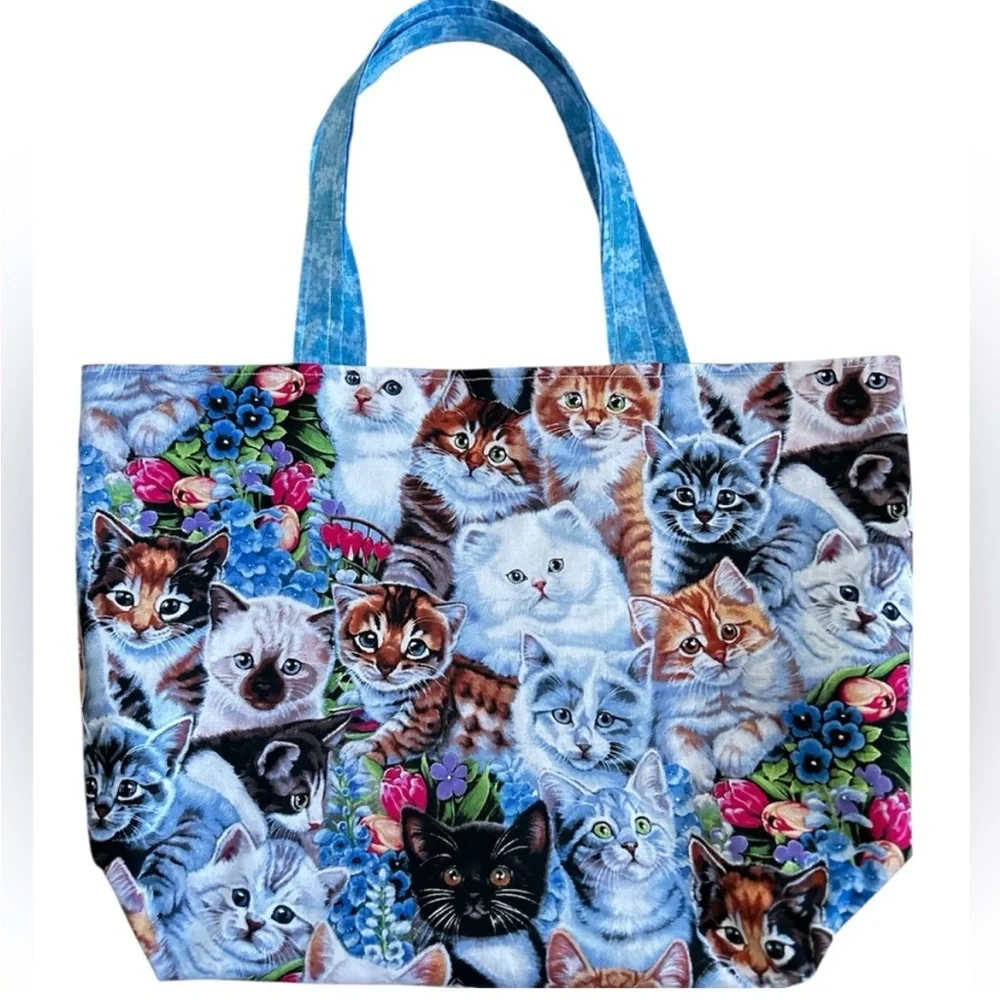 Hand Crafted Multicolor Cat Print Tote Bag All Purpose Carry All Shoulder Purse